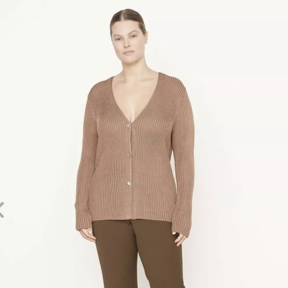 Vince Ribbed Button Front Cardigan Size 1X Long Sleeve Stretch Sweater Preppy - Picture 1 of 14